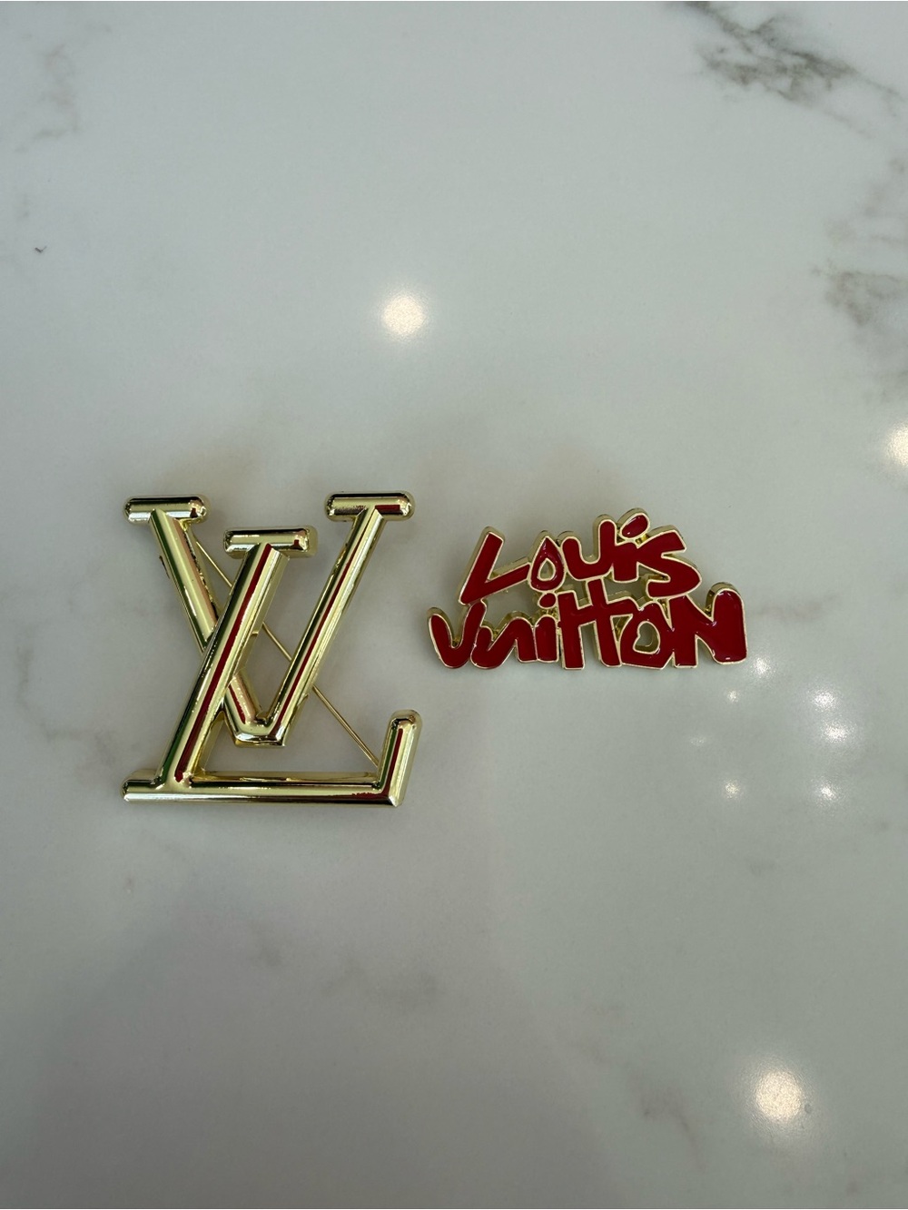 Beautiful Hand Crafted Gold Monogram Pin with Red Script Accent